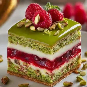 Heavenly Pistachio Raspberry Dream Cake topped with fresh raspberries and pistachios