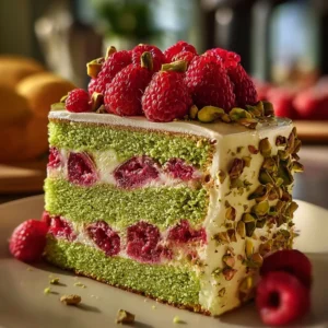 Heavenly Pistachio Raspberry Dream Cake with vibrant colors and textures