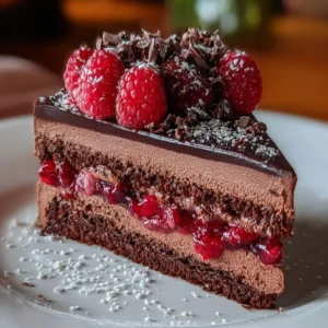Heavenly Raspberry Chocolate Mousse Cake with rich chocolate and fresh raspberries