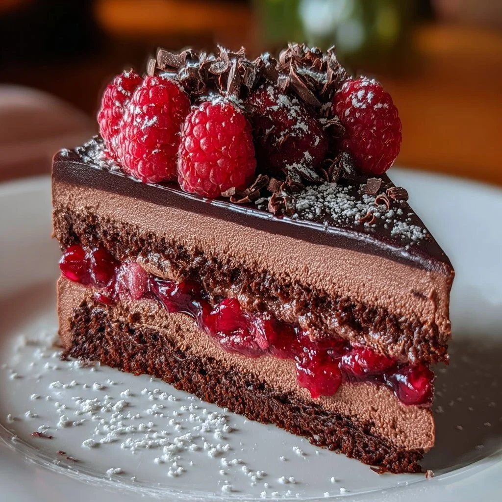 Heavenly Raspberry Chocolate Mousse Cake with rich chocolate and fresh raspberries