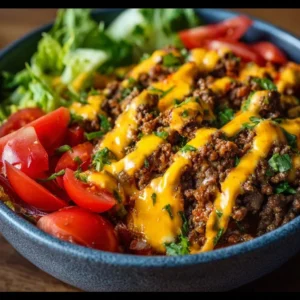 High-protein cheeseburger bowls with ground beef and burger sauce meal prep
