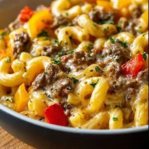 High-protein creamy Philly cheesesteak mac and cheese dish with cheese and steak.
