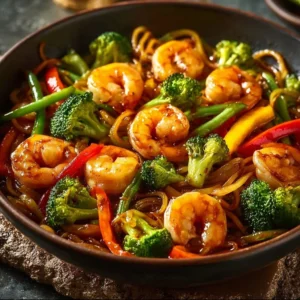 High-protein one-pan shrimp stir fry with colorful vegetables