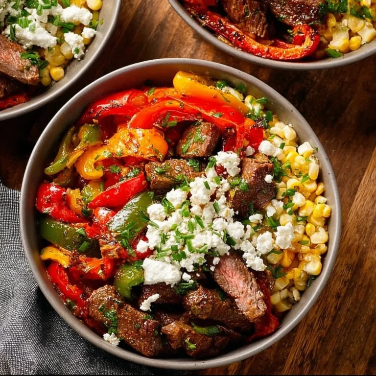 High protein steak fajita bowl with colorful vegetables and spices