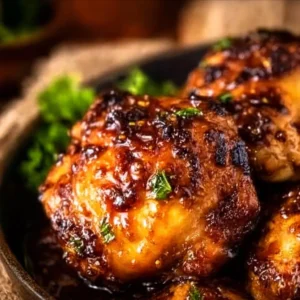 Honey garlic boneless chicken thighs served with fresh vegetables