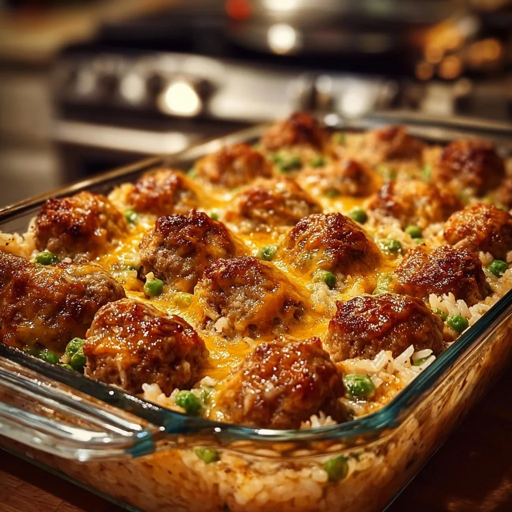 Honey Garlic Meatball Rice Bake with savory meatballs and fluffy rice
