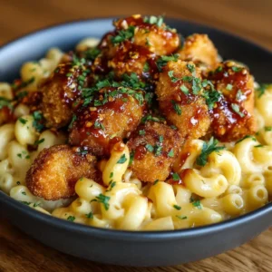 Delicious Honey Pepper Chicken Mac and Cheese topped with herbs and spices