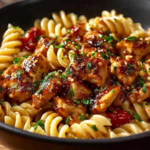 Plate of Honey Pepper Chicken Pasta garnished with herbs.