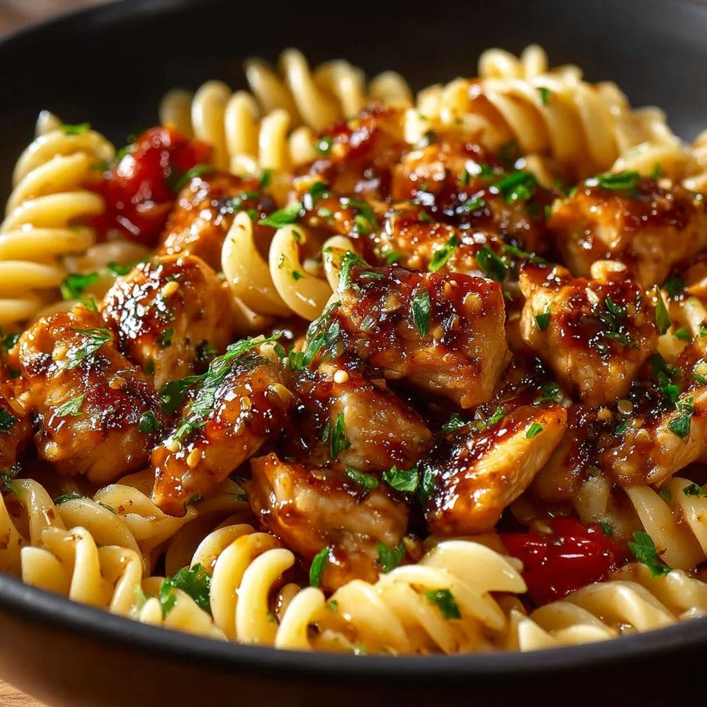 Plate of Honey Pepper Chicken Pasta garnished with herbs.