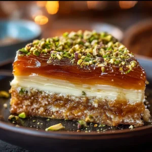 Delicious Honey Pistachio Baklava Cheesecake topped with pistachios and honey drizzle.
