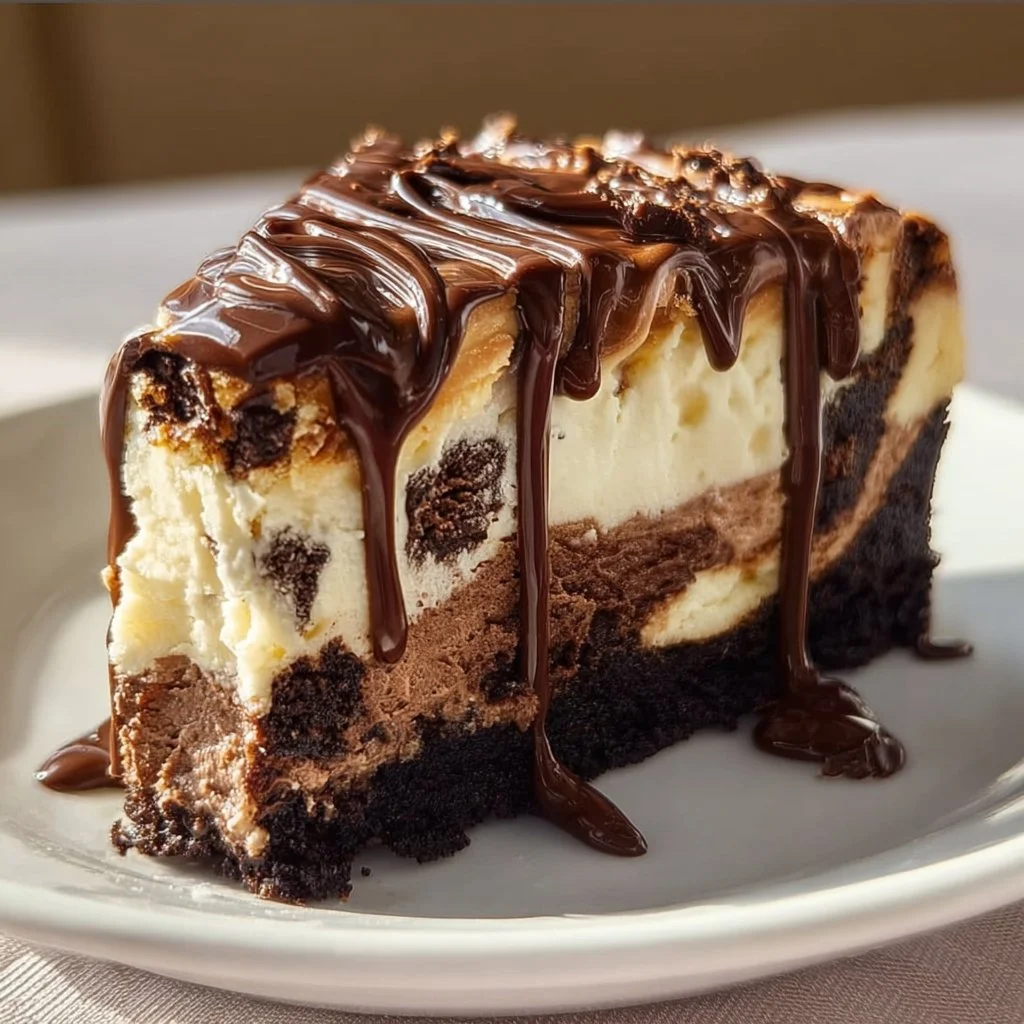 Delicious fudge sundae cheesecake with brownie base and hot fudge drizzle