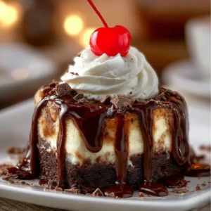 Delicious hot fudge sundae cheesecake with brownie crust and fudge drizzle