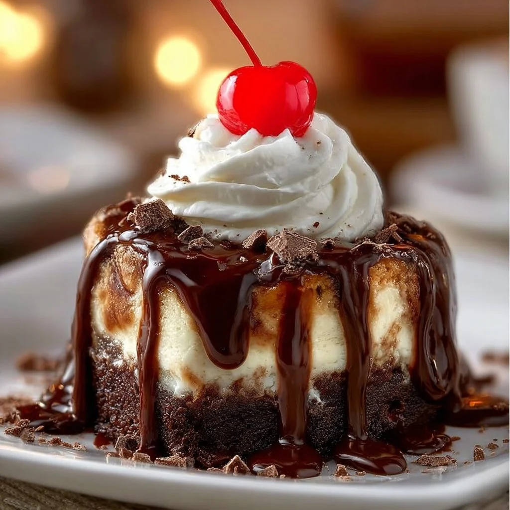 Delicious hot fudge sundae cheesecake with brownie crust and fudge drizzle