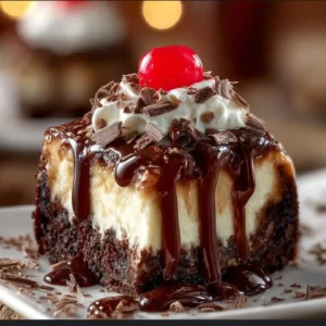 Hot Fudge Sundae Brownie Cheesecake topped with rich hot fudge and whipped cream