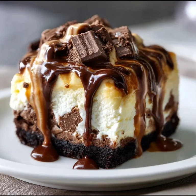 Hot Fudge Sundae Brownie Cheesecake topped with whipped cream and chocolate sauce