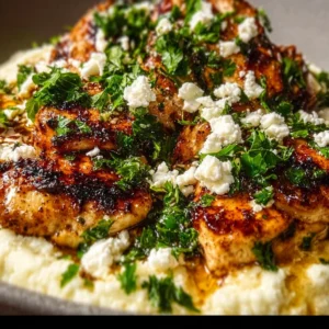 Delicious Hot Honey Feta Chicken served on a plate with herbs and spices.
