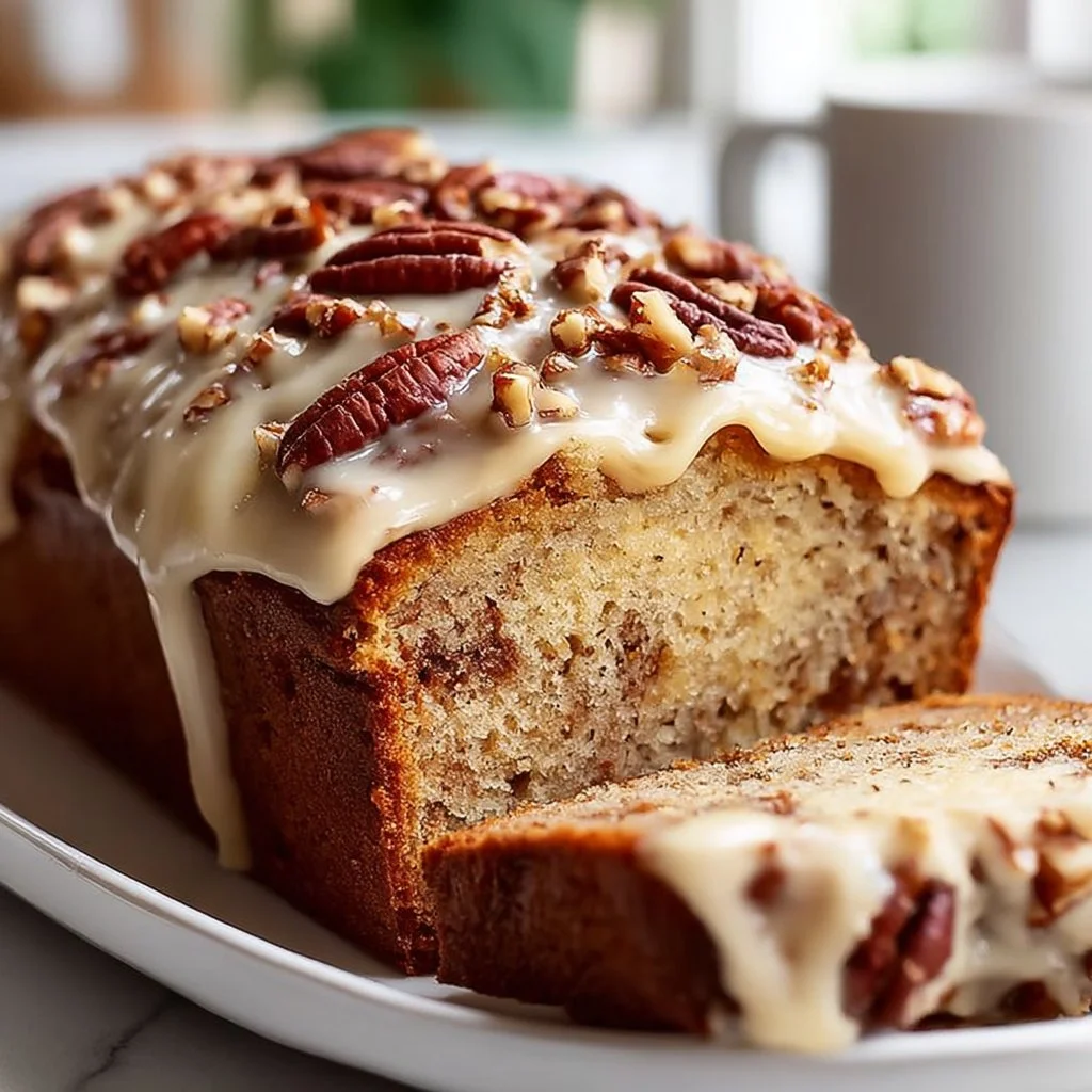 Slice of Hummingbird Bread topped with cinnamon cream cheese frosting.