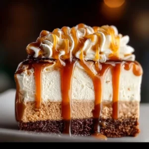 Decadent Caramel Mousse Cake topped with rich caramel drizzle
