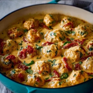 Delicious homemade chicken meatballs served with marinara sauce and herbs.