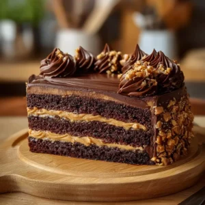 Slice of irresistible chocolate peanut butter cake with decadent frosting