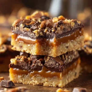 Delicious layers of caramel chocolate with a crunchy topping