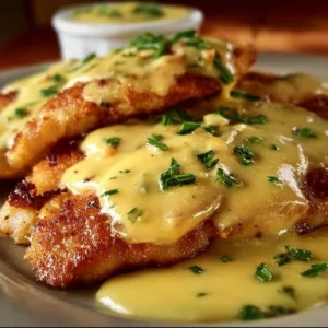 Delicious Malibu Chicken topped with creamy mustard sauce on a plate.