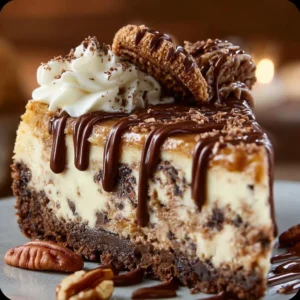 Delicious no-bake German chocolate cheesecake topped with coconut and pecans