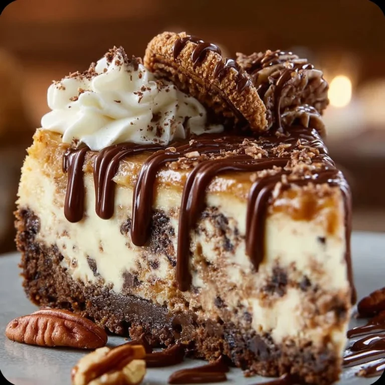 Delicious no-bake German chocolate cheesecake topped with coconut and pecans