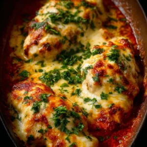 Italian baked chicken garnished with herbs and served with vegetables