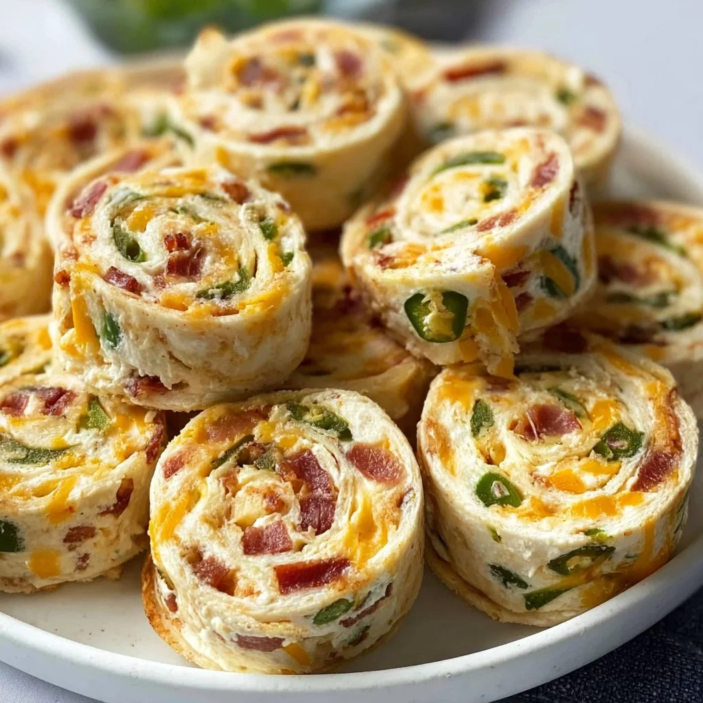 Jalapeño poppers pinwheels served on a platter, perfect for appetizers.