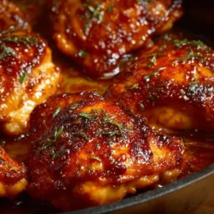 Juicy baked boneless chicken thighs served on a plate.