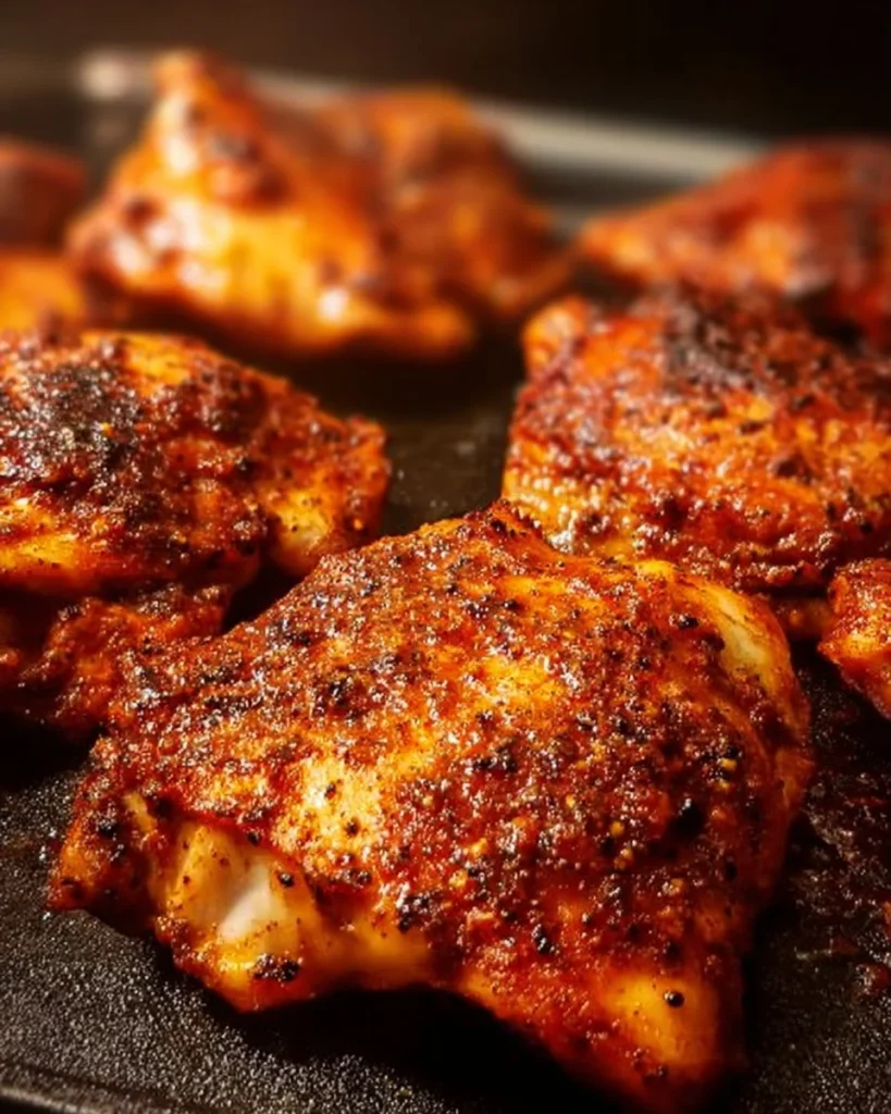 Juicy baked boneless chicken thighs served with vegetables on a plate