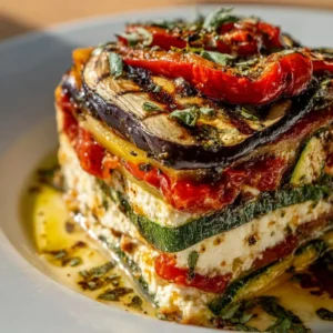 Layered Mediterranean vegetable lasagna with creamy ricotta cheese