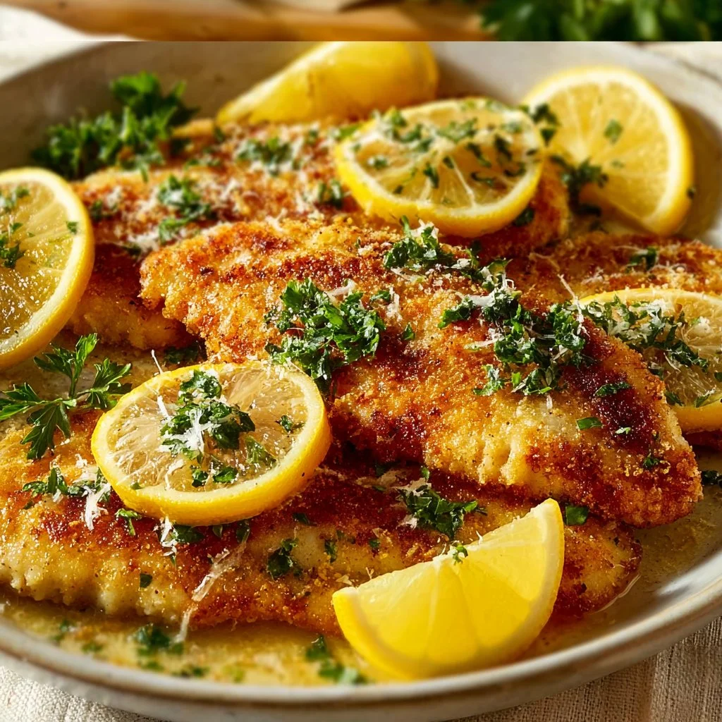 Lemon Chicken Romano with zesty lemon sauce and Romano cheese served on a plate