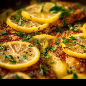 Lemon chicken served with rich lemon butter sauce on a plate