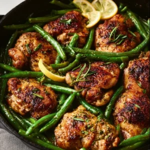 Lemon garlic butter chicken thighs with green beans served on a plate