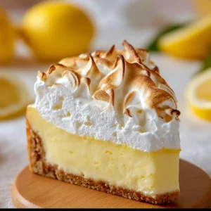 Slice of lemon meringue cheesecake topped with fluffy meringue