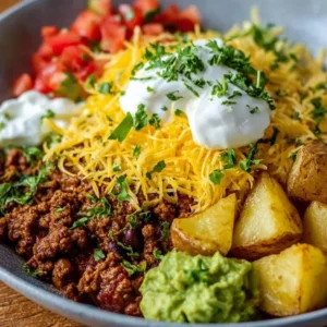Delicious Loaded Potato Taco Bowl topped with fresh ingredients and spices
