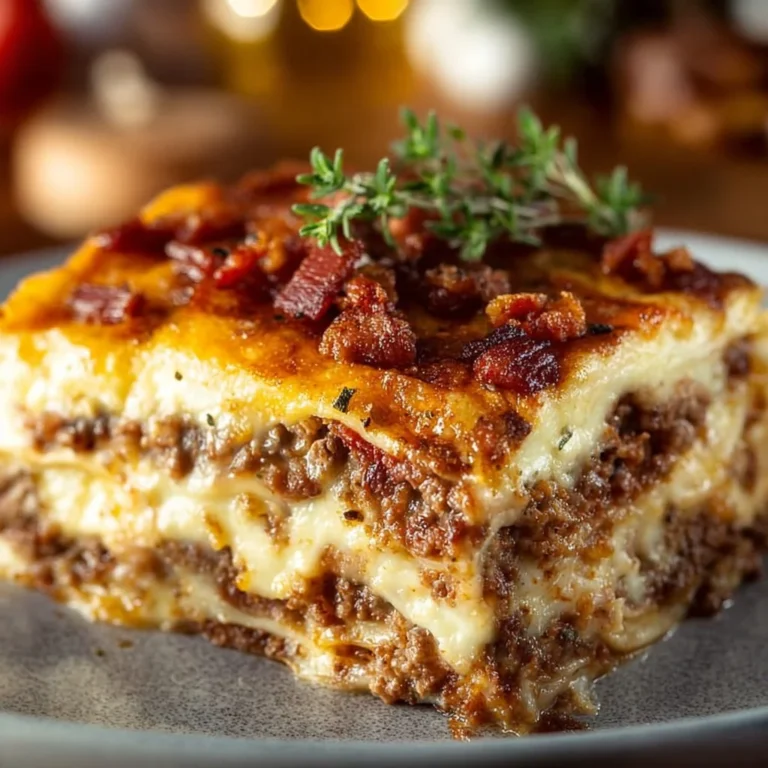 Low-Carb Bacon Cheeseburger Casserole topped with cheese and bacon