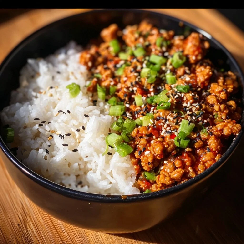 Low carb firecracker ground chicken garnished with green onions and served in a bowl.