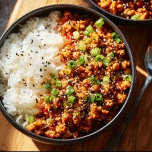 Low-carb firecracker ground chicken dish garnished with vegetables