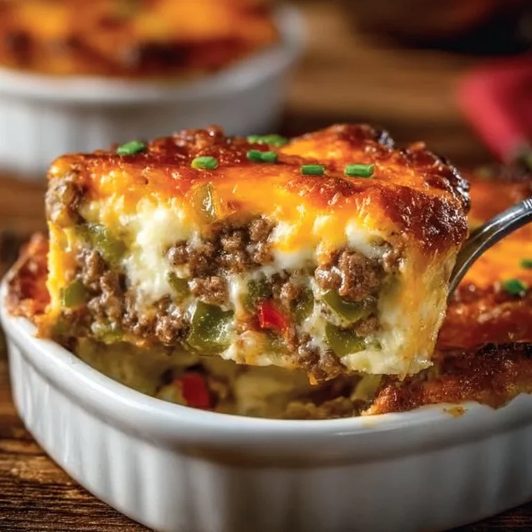 Delicious Low Carb Philly Cheesesteak Casserole topped with cheese and peppers