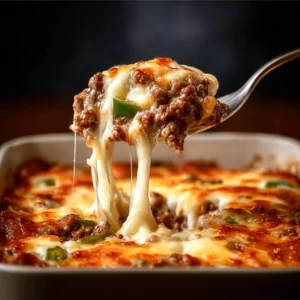 Low carb Philly cheesesteak casserole served in a dish with toppings
