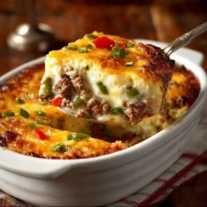 Delicious Low Carb Philly Cheesesteak Casserole in a baking dish