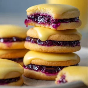 Delicious blueberry lemon sandwich cookies on a decorative plate.