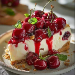 Lemon blueberry cheesecake topped with fresh blueberries and lemon zest.