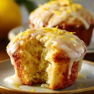Freshly baked lemon cream cheese muffins on a wooden table