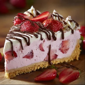 Luscious strawberry dream cheesecake topped with fresh strawberries and cream.
