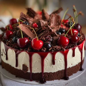 Luxurious Black Forest Cheesecake with chocolate layers and cherries