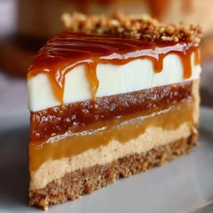 Luxurious caramel apple cheesecake topped with caramel drizzle and apple slices.